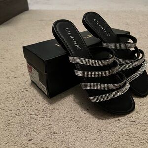 Liliana Black and Silver Heels with Rhinestone Embellishments